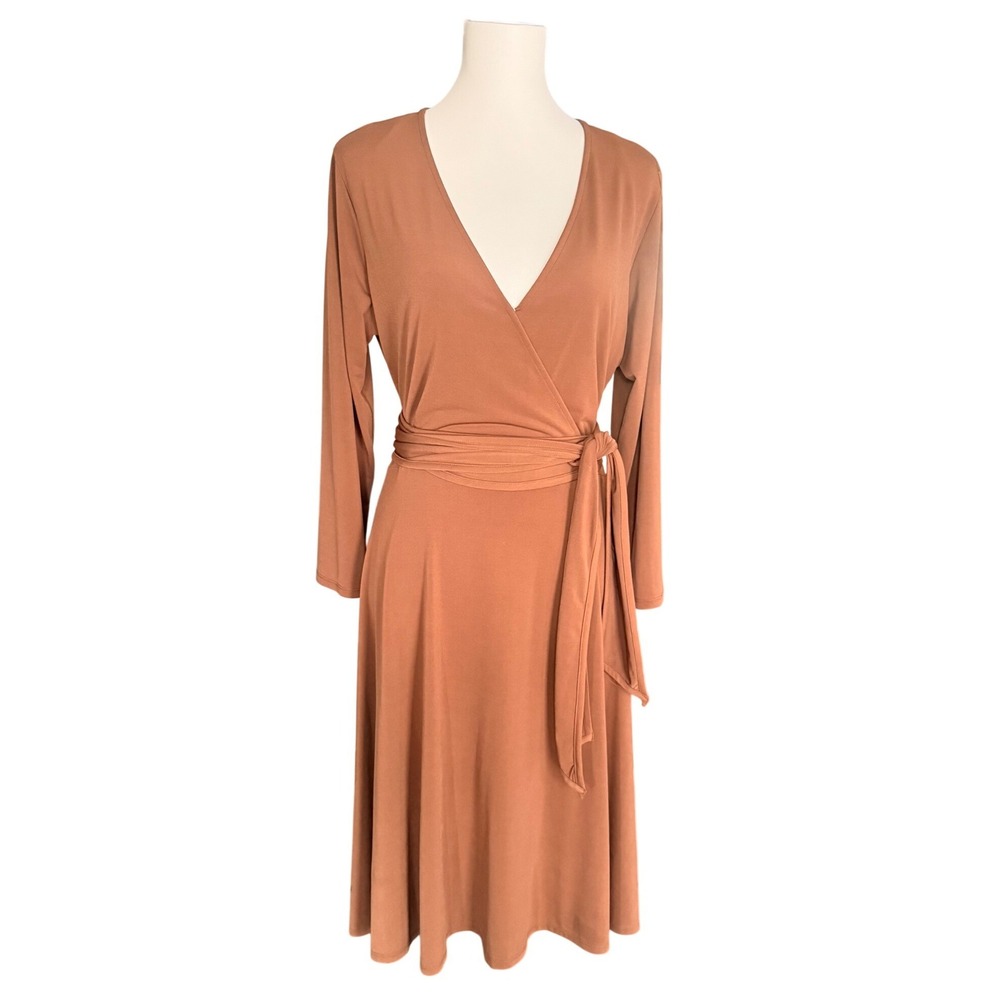 Vintage Y2K Harvé Bernard Cinnamon Brown Wrap‎ Dress Size 14 Jersey Knit Midi
